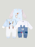 Kidbea Pack of 3 Cotton Full Sleeves Penguin, Kitty and Bear Printed Romper - Blue