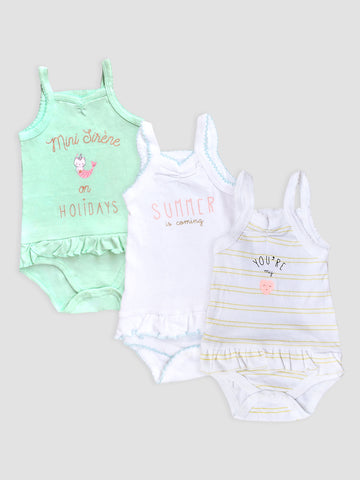 Kidbea Cotton Knit Pack of 3 Sleeveless Printed Onesie for Baby Girls - Multicolor