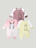 Kidbea Pack of 3 Cotton Full Sleeves Kitty and Cute Bunny Printed Romper - Pink & Yellow