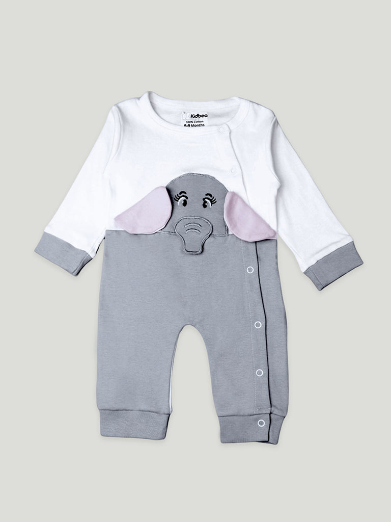 Kidbea Full Sleeves Cotton Elephant Print Romper/Bodysuit - Grey