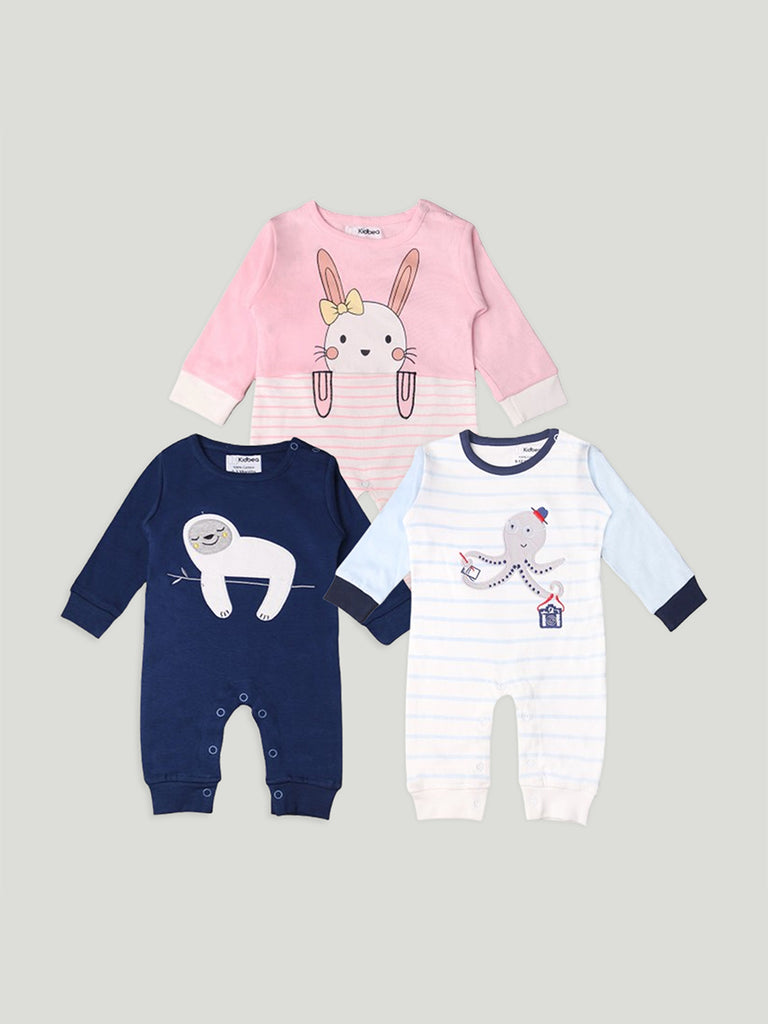 Kidbea Pack of 3 Cotton Full Sleeves Sloth, Kitty and Octopus Printed Romper - Pink & Blue