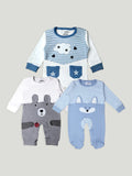 Kidbea Pack of 3 Cotton Full Sleeves Fox, Bear and Star Printed Romper - Grey & Blue