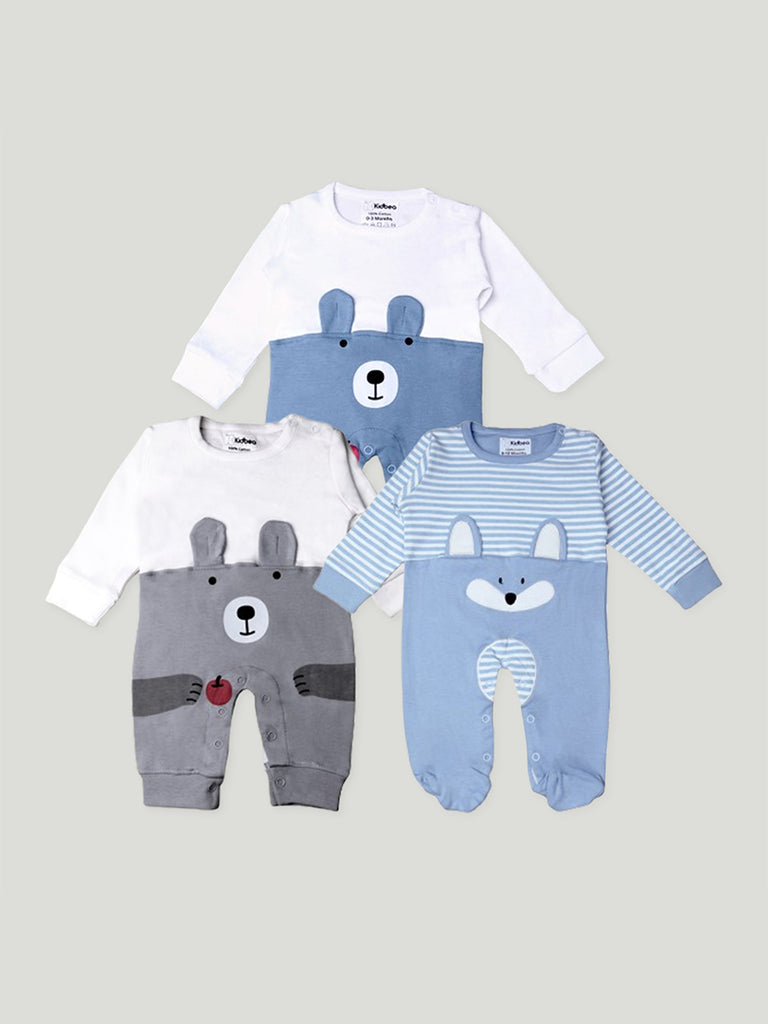 Kidbea Pack of 3 Cotton Full Sleeves Fox and Bear Printed Romper - Grey & Blue