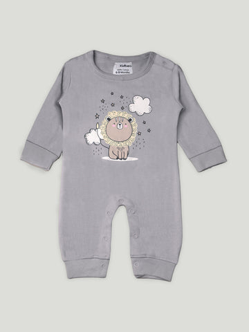 Kidbea Full Sleeves Cotton Lion Print Romper/Bodysuit - Grey