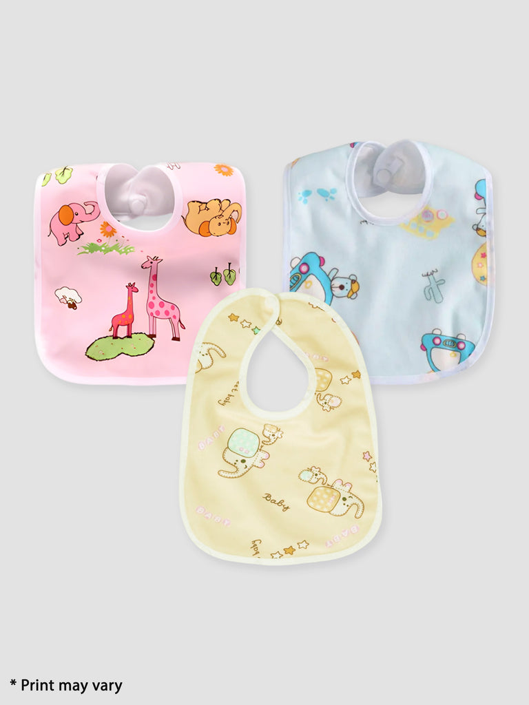 Kidbea Waterproof Baby Button Bibs/Apron Cute Animal Soft Cotton Fabric Assorted Print Bibs Pack of 3