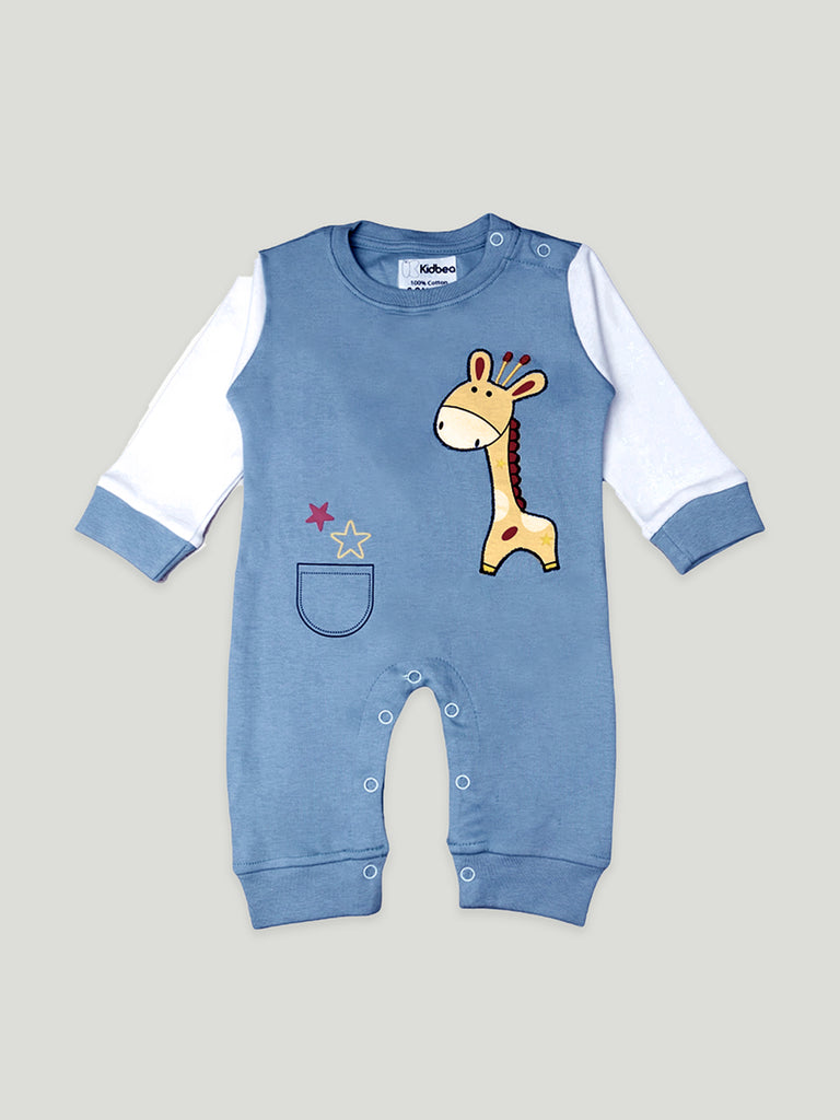 Kidbea Full Sleeves Cotton Giraffe Print Romper/Bodysuit - Dark Blue