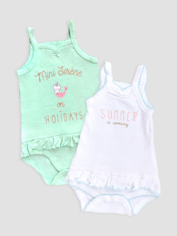 Kidbea Cotton Pack of 2 Baby Onesie Comfort Bodysuit for Baby Girls - Green & White