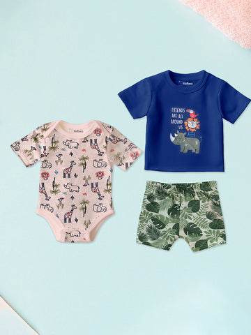 Organic Cotton Onesie, T-shirt & Pant 3 Piece Set Elephant & Text Printed for Unisex Baby - Blue & Green