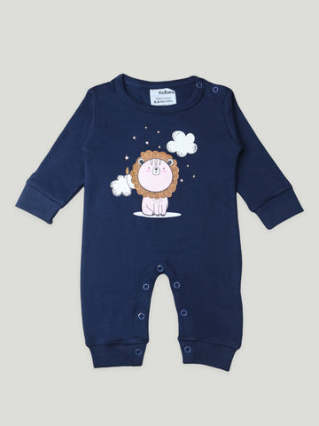 Kidbea Full Sleeves Cotton Lion Print Romper/Bodysuit - Dark Blue