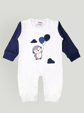 Kidbea Full Sleeves Cotton Penguin Print Romper/Bodysuit - Blue & White