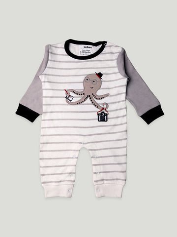 Kidbea Full Sleeves Cotton Octopus Print Romper/Bodysuit - Grey