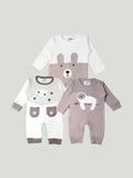 Kidbea Pack of 3 Cotton Full Sleeves Star, Sloth and Bear Printed Romper - Brown & Grey