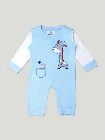 Kidbea Full Sleeves Cotton Giraffe Print Romper/Bodysuit - Blue