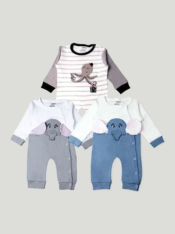 Kidbea Pack of 3 Cotton Full Sleeves Octopus and Elephant Printed Romper - Blue & Grey