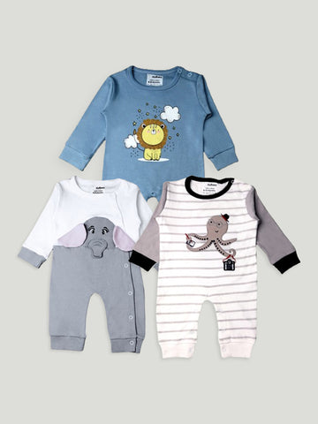 Kidbea Pack of 3 Cotton Full Sleeves Octopus, Lion and Elephant Printed Romper - Blue & Grey