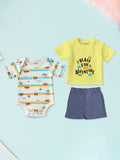 Kidbea Organic Cotton Onesie, T-shirt & Pant 3 Piece Set Text Printed for Unisex Baby - Yellow & Blue