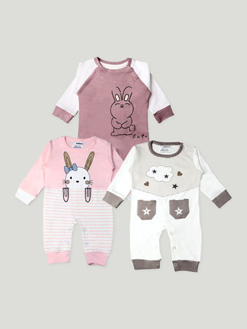 Kidbea Pack of 3 Cotton Full Sleeves Kitty, Star and Cute Bunny Printed Romper - Pink & Brown