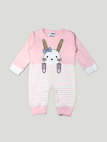 Kidbea Full Sleeves Cotton Kitty Print Romper/Bodysuit - Pink & White