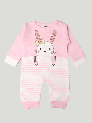 Kidbea Full Sleeves Cotton Kitty Print Romper/Bodysuit - Pink