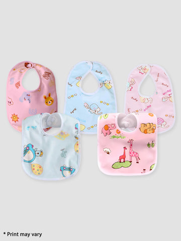 Kidbea Waterproof Baby Button Bibs/Apron Cute Animal Soft Cotton Fabric Assorted Print Bibs Pack of 5