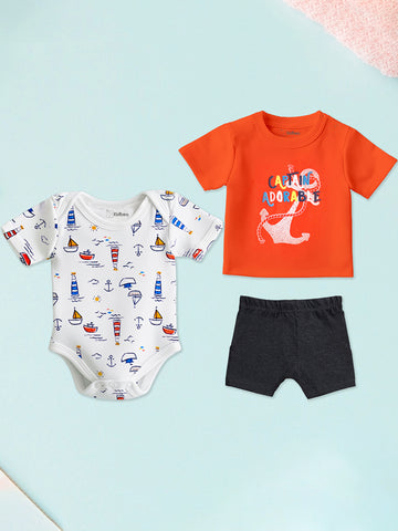 Organic Cotton Onesie, T-shirt & Pant 3 Piece Set Ship & Text Printed for Unisex Baby - Red & Black