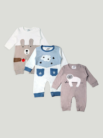 Kidbea Pack of 3 Cotton Full Sleeves Star, Sloth and Bear Printed Romper - Blue & Grey