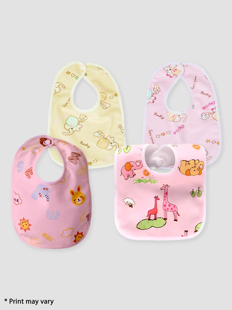 Kidbea Waterproof Baby Button Bibs/Apron Cute Animal Soft Cotton Fabric Assorted Print Bibs Pack of 4