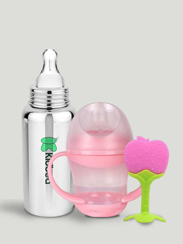 Kidbea Stainless Steel Infant Baby Feeding Bottle with Pink Shipper soft pacifer/feeder & Apple Shape Silicone Baby Teether, Anti-Colic, Plastic-Free,304 Grade Pack of 3