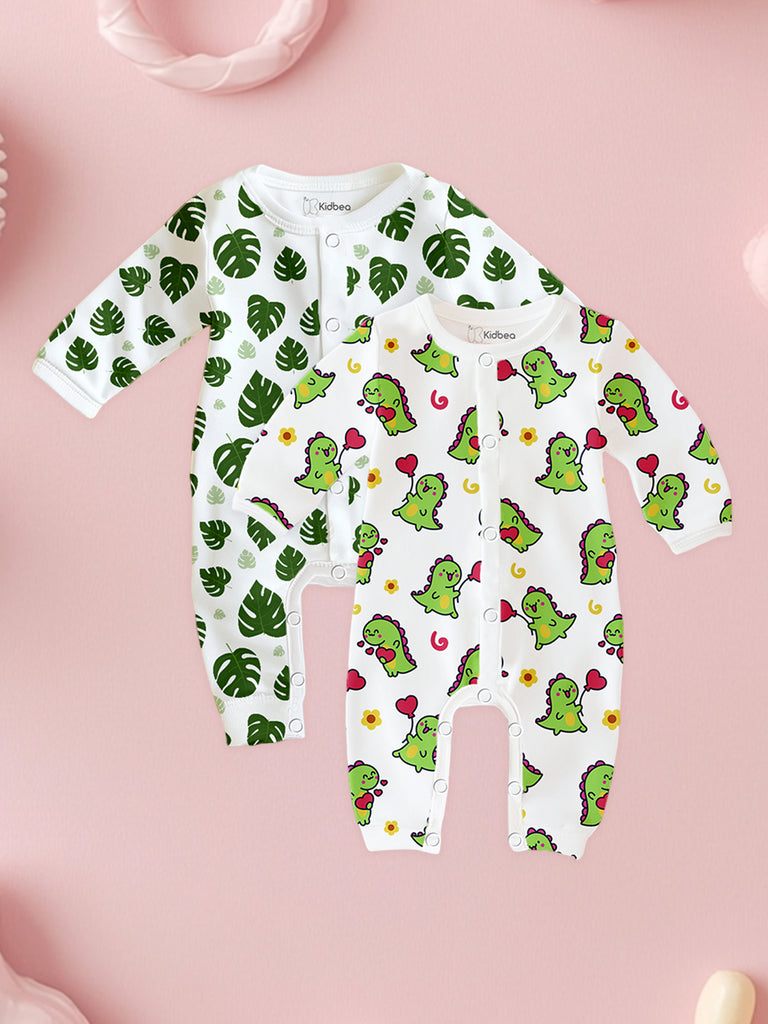 100% Organic Cotton Romper Pack – Leaf & Dinosaur Designs, Green & Olive Green, Full Sleeves