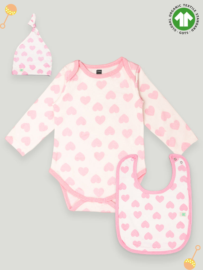 Kidbea 100% Organic cotton baby Onesies, Cap & Bibs | Hearts - Pink