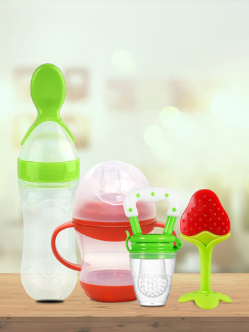 Kidbea Baby Fruit & Spoon Feeder with Red Shipper soft pacifer/feeder and Strawberry Shape Silicone Baby Teether, Anti-Colic, Plastic-Free Pack of 4