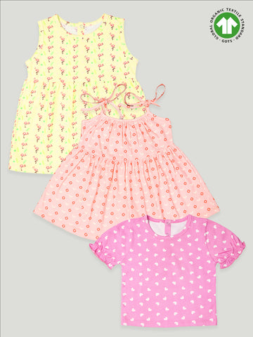 kidbea 100% Organic cotton girls frock | Flamingo Pink Heart Frock Pack of 3