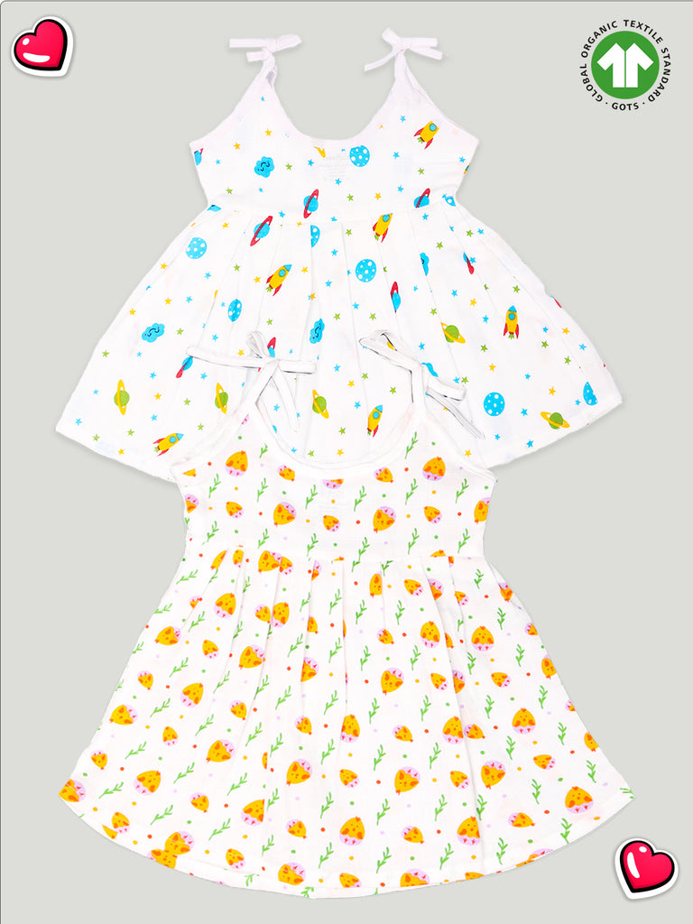 Kidbea Extra Soft Muslin  Fabric Baby Girls Frock | Space and Cute Chick Print Pack of 2