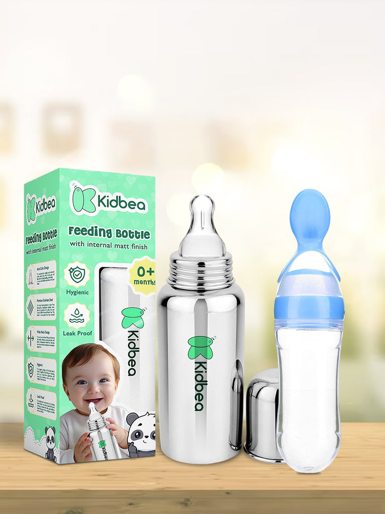 Kidbea Stainless Steel Infant Baby Feeding Bottle & Silicon Blue Food soft pacifer/feeder, Anti-Colic, Plastic-Free,304 Grade Medium-Flow Combo of 2