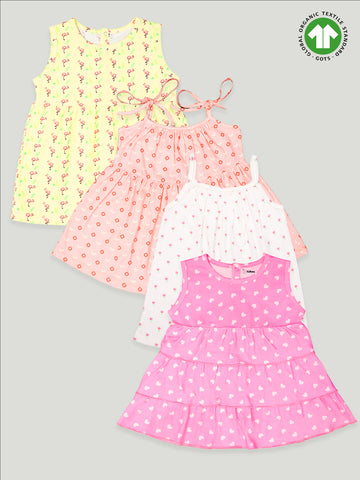 kidbea 100% Organic cotton girls frock | White Top, Heart and Flamingo, Heart and Dots Print Frock Pack of 4