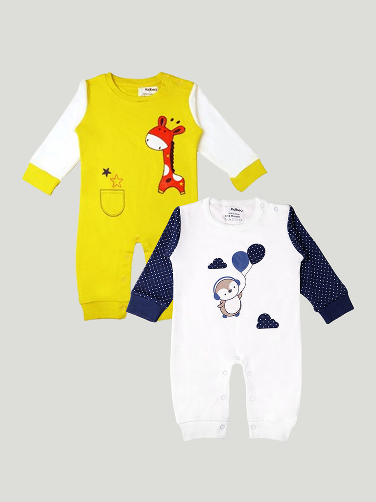 Kidbea Pack of 2 Full Sleeves Cotton Giraffe and Penguin Print Romper/Bodysuit - Yellow, Blue & White