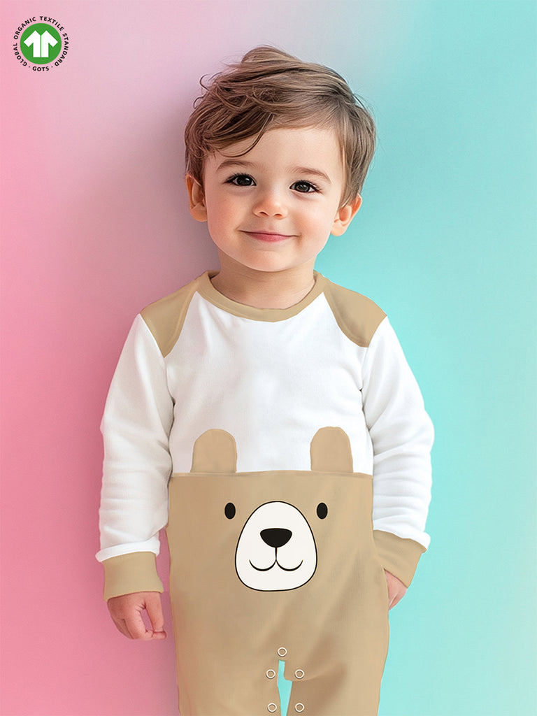 100% Organic Cotton Full Sleeves Bear Printed Romper - Beige