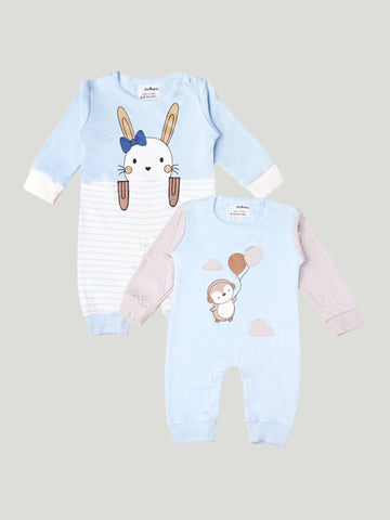 Kidbea Pack of 2 Full Sleeves Cotton Penguin and Kitty Print Romper/Bodysuit - Blue