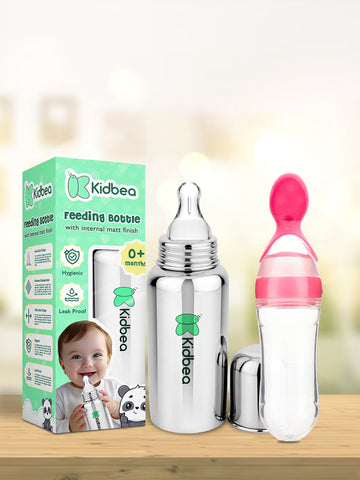 Kidbea Stainless Steel Infant Baby Feeding Bottle & Silicon Pink Food soft pacifer/feeder, Anti-Colic, Plastic-Free,304 Grade Medium-Flow Combo of 2