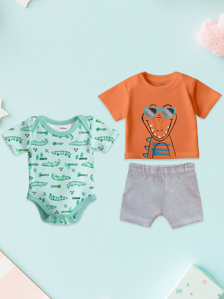 Kidbea Organic Cotton Onesie, T-shirt & Pant 3 Piece Set Crocodile Printed for Unisex Baby - Orange & Grey