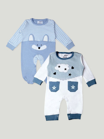 Kidbea Pack of 2 Full Sleeves Cotton Fox and Star Print with Pocket Romper/Bodysuit - Blue