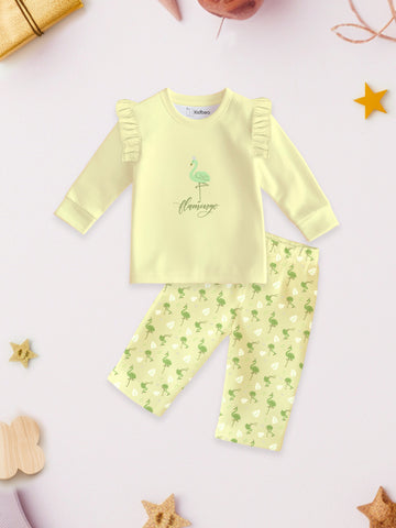 Kidbea 100% Bamboo Cotton Girls Full Sleeves Flamingo Printed Co-Ord Set - Soft Yellow