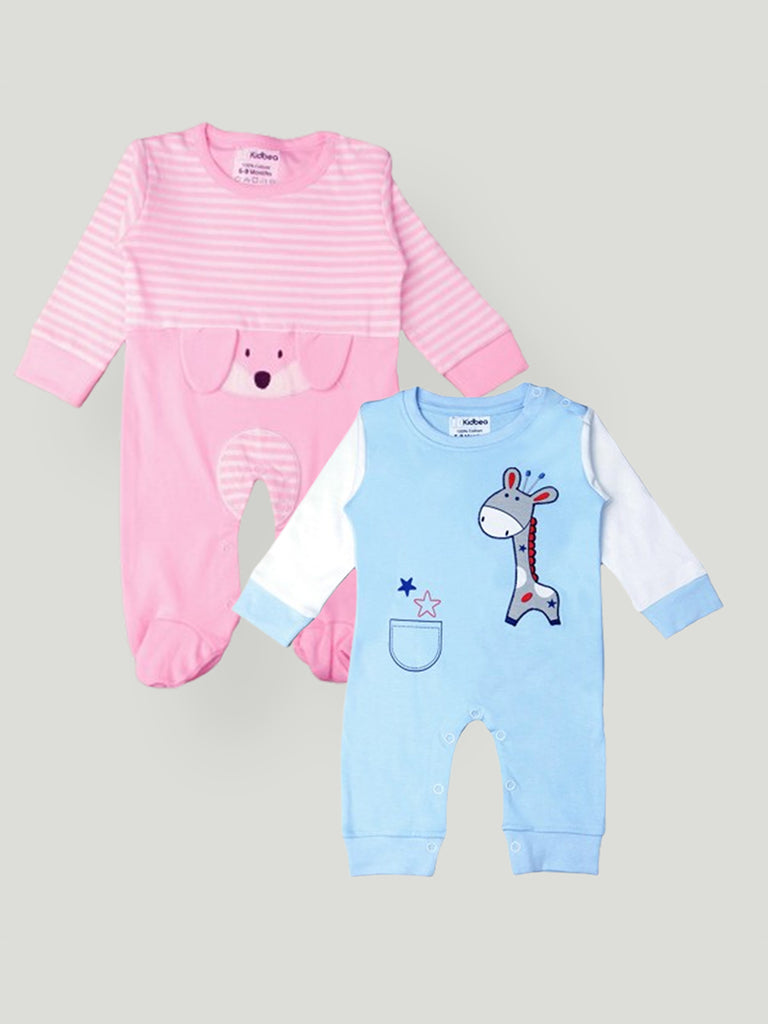 Kidbea Pack of 2 Full Sleeves Cotton Fox and Giraffe Print Romper/Bodysuit - Pink & Blue