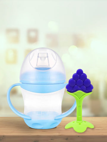 Kidbea Baby Sippy Cup Learning Sipper Feeding Bottle & Twin Handles with Grapes Shape Silicone Baby Teether - Blue (160ml)