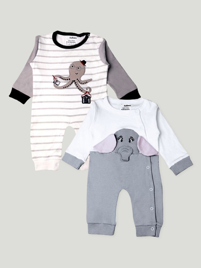 Kidbea Pack of 2 Full Sleeves Cotton Octopus and Elephant Print Romper/Bodysuit - Grey