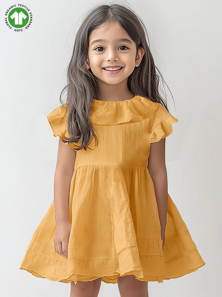 100% Charming Mustard Yellow Linen Girls Frock | Mustard Yellow