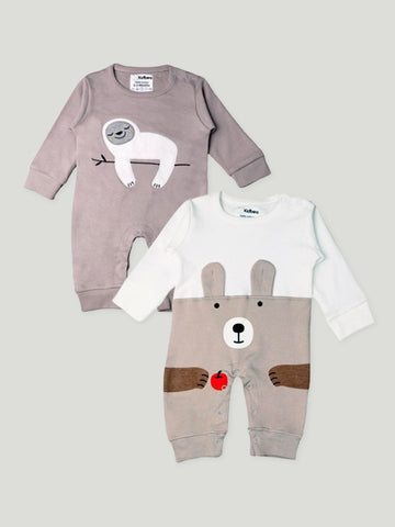 Kidbea Pack of 2 Full Sleeves Cotton Bear and Sloth Print Romper/Bodysuit - Grey & Brown