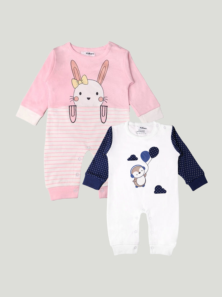 Kidbea Pack of 2 Full Sleeves Cotton Kitty and Penguin Print Romper/Bodysuit - Pink, white & Blue