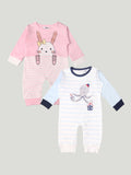 Kidbea Pack of 2 Full Sleeves Cotton Octopus and Kitty Print Romper/Bodysuit - Blue & Pink