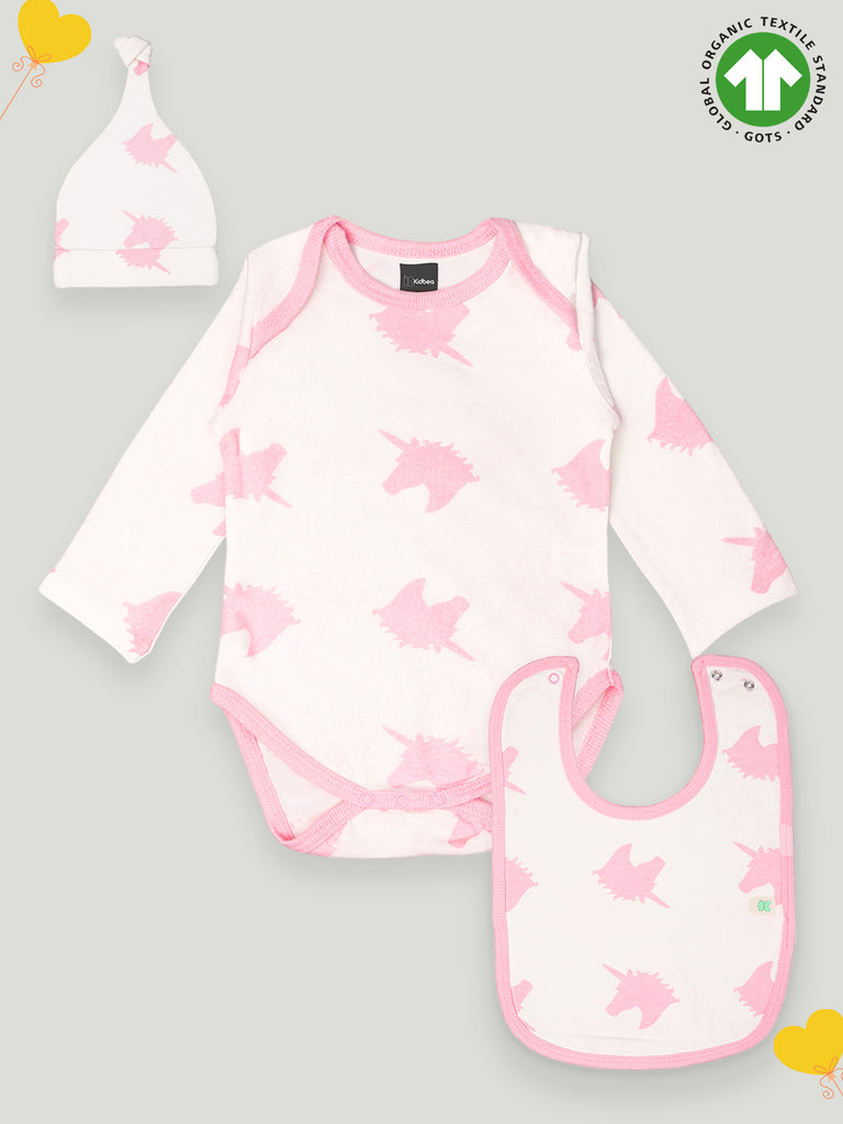 Kidbea 100% Organic cotton baby Onesies, Cap & Bibs Unisex | Unicorn - Pink